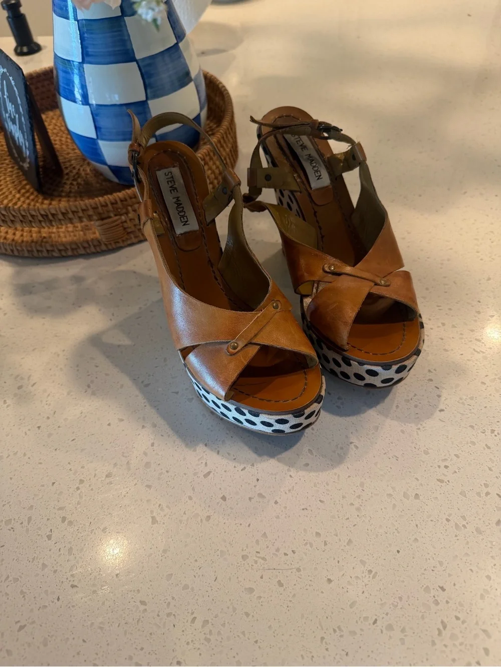 Steve Madden Women’s Leather Polka Dot Platform Heels 8 Y2K Boho Chunky 90s